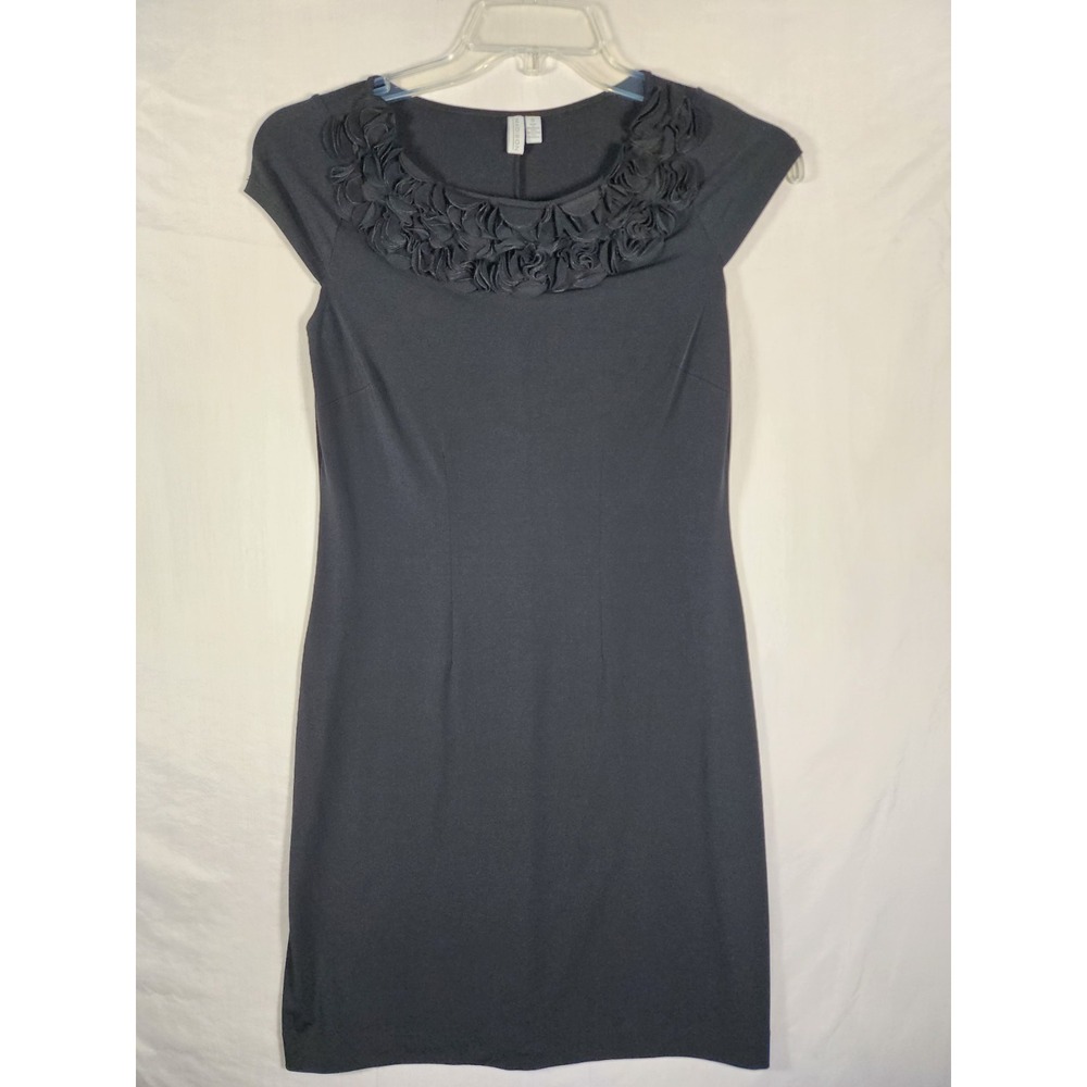 Madison Womens S Black Sheath Dress Ruffle Neck Cap Sleeve Career Cocktail LBD